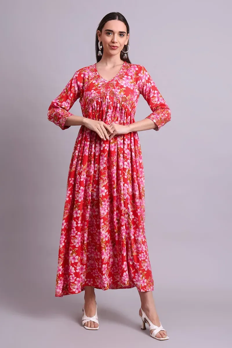 Red Cotton Floral Print Anarkali Dress with Dupatta