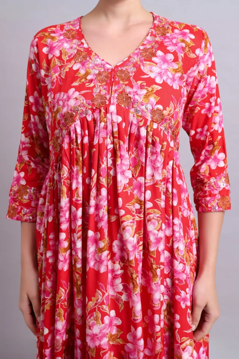 Red Cotton Floral Print Anarkali Dress with Dupatta