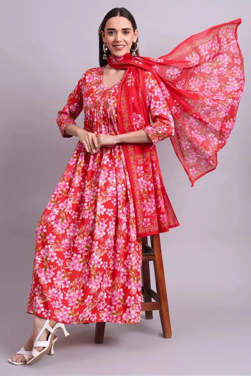 Red Cotton Floral Print Anarkali Dress with Dupatta