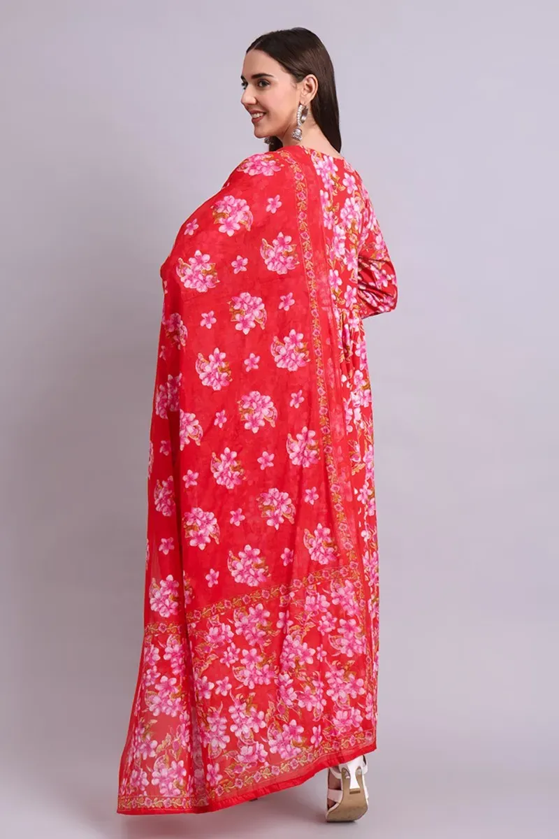 Red Cotton Floral Print Anarkali Dress with Dupatta