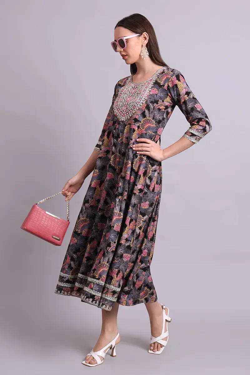 Black Cotton Floral Print & Embroidered Anarkali Dress