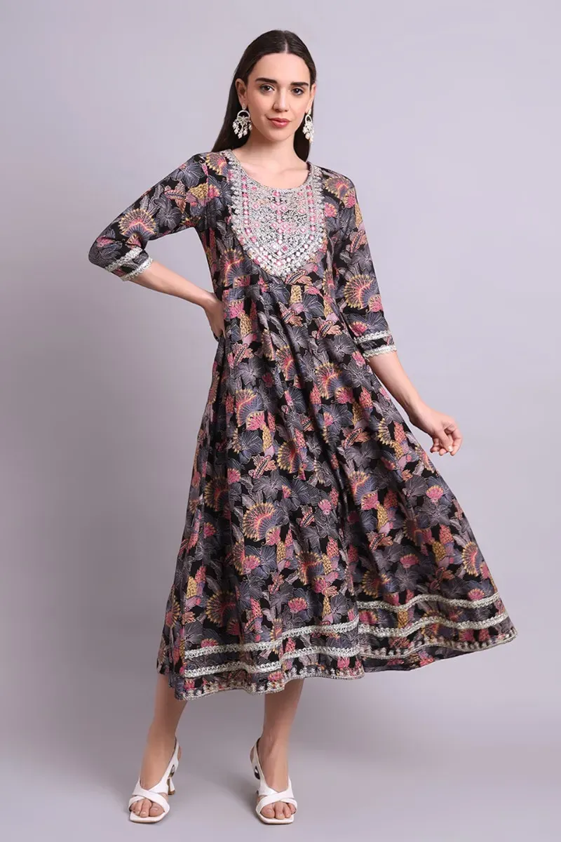 Black Cotton Floral Print & Embroidered Anarkali Dress