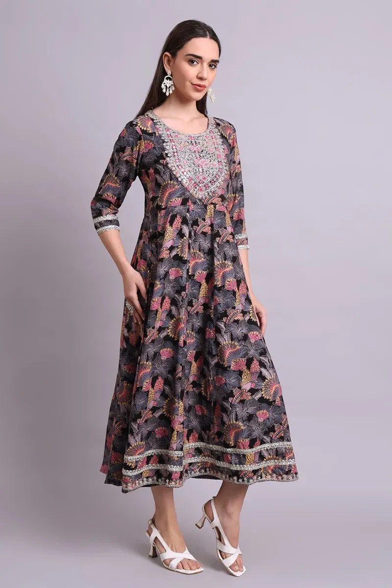 Black Cotton Floral Print & Embroidered Anarkali Dress