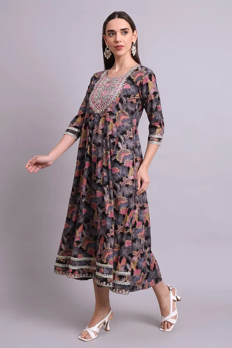 Black Cotton Floral Print & Embroidered Anarkali Dress