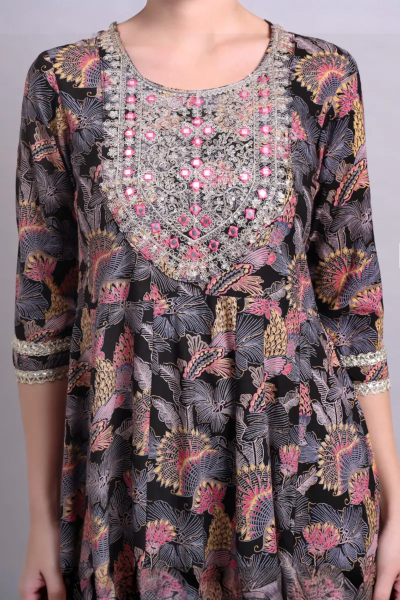 Black Cotton Floral Print & Embroidered Anarkali Dress