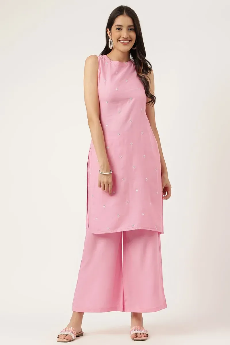 Pink Rayon Embroidered Straight Kurta Palazzos Set