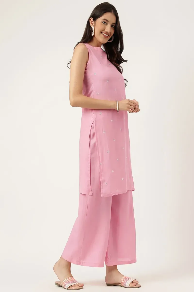 Pink Rayon Embroidered Straight Kurta Palazzos Set