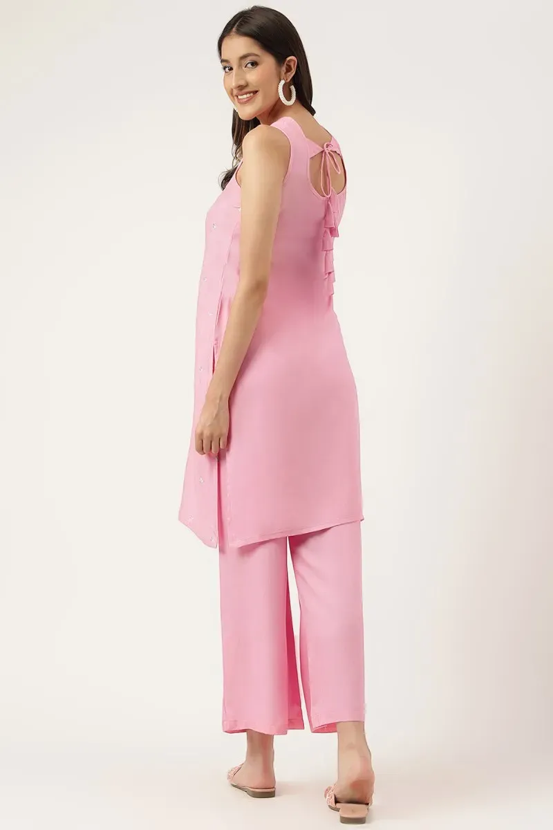 Pink Rayon Embroidered Straight Kurta Palazzos Set
