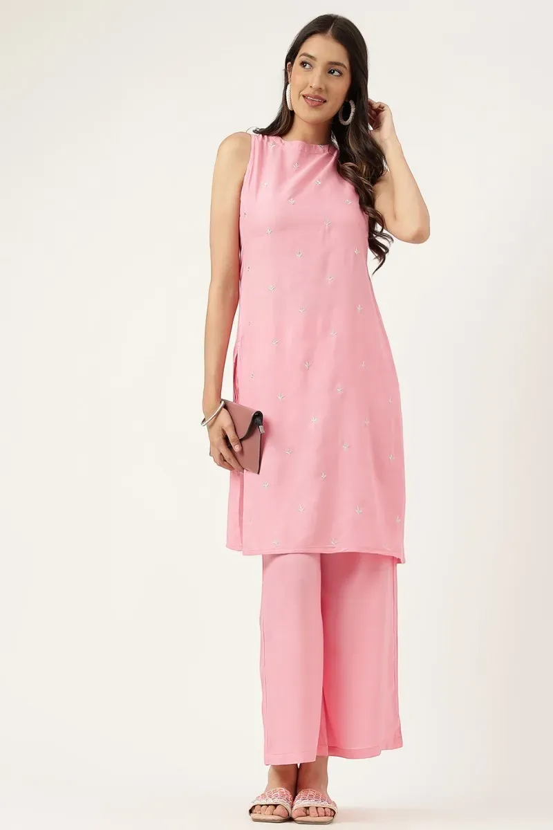 Pink Rayon Embroidered Straight Kurta Palazzos Set
