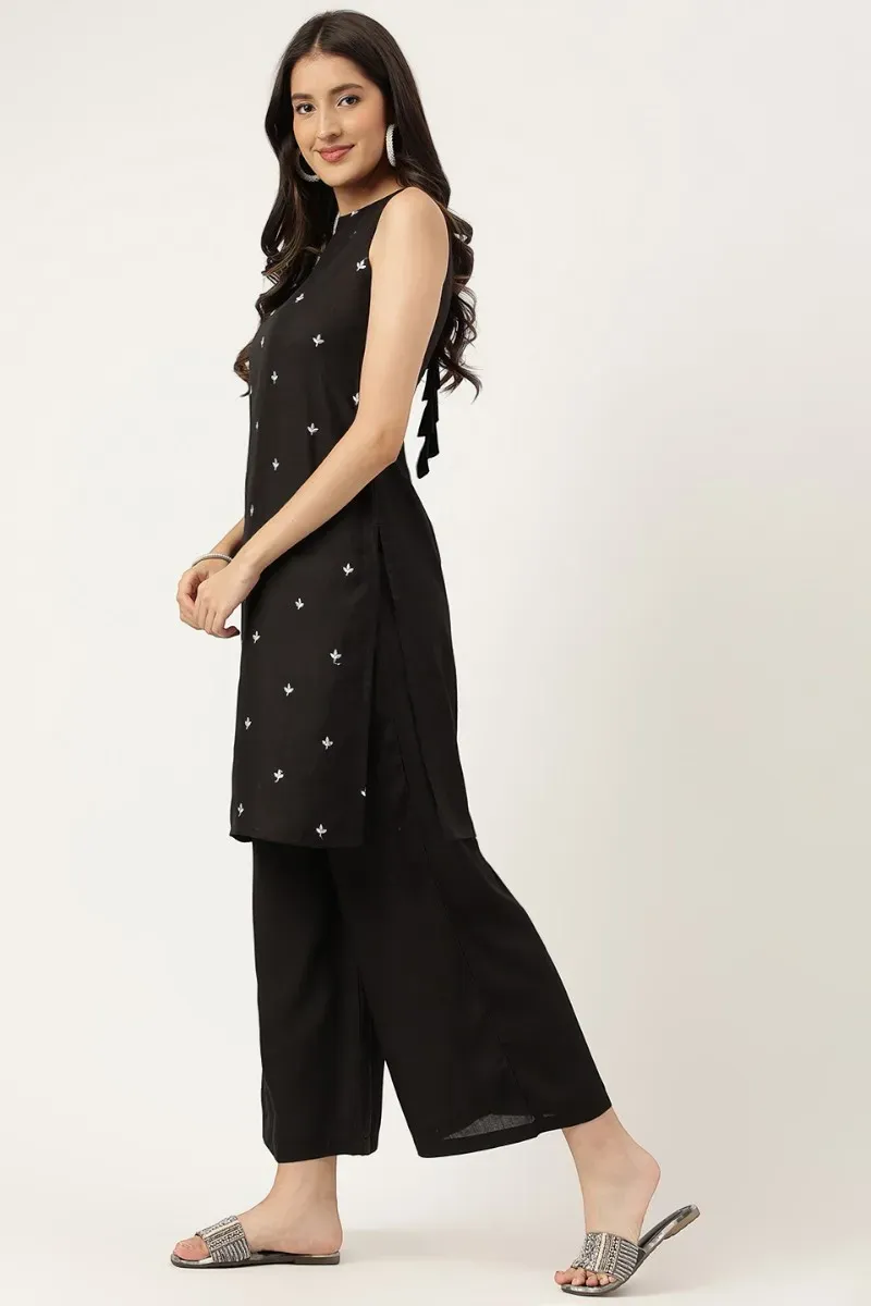 Black Rayon Embroidered Work Straight Kurta Palazzos Set