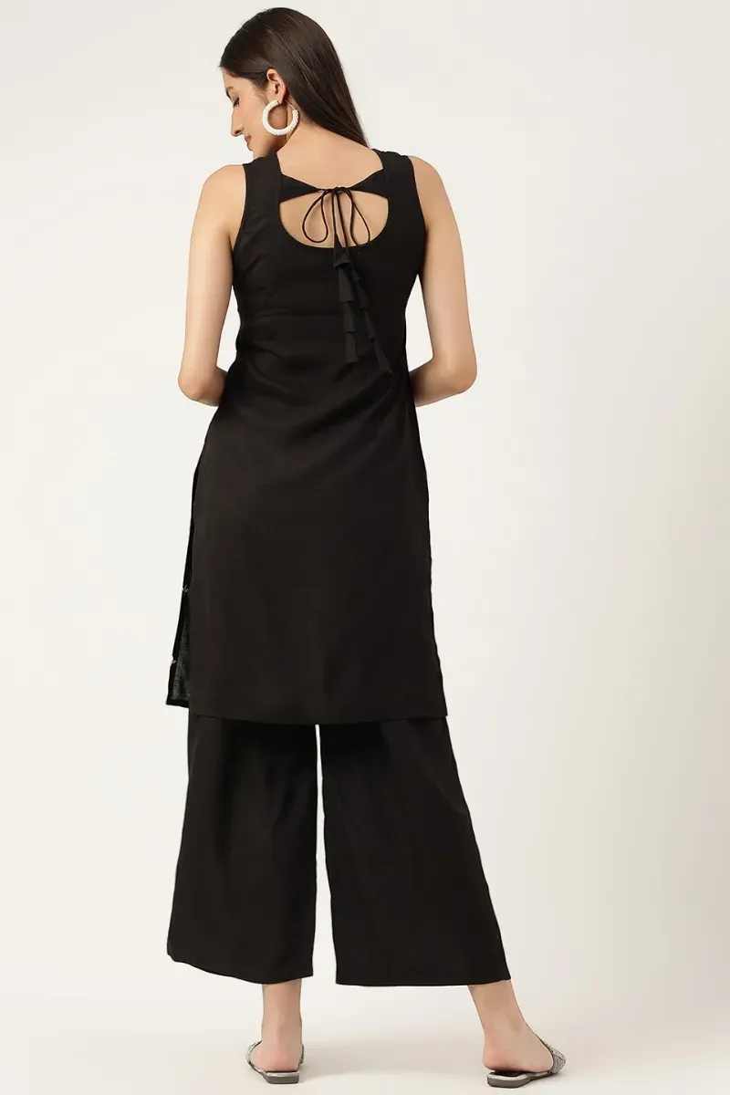 Black Rayon Embroidered Work Straight Kurta Palazzos Set