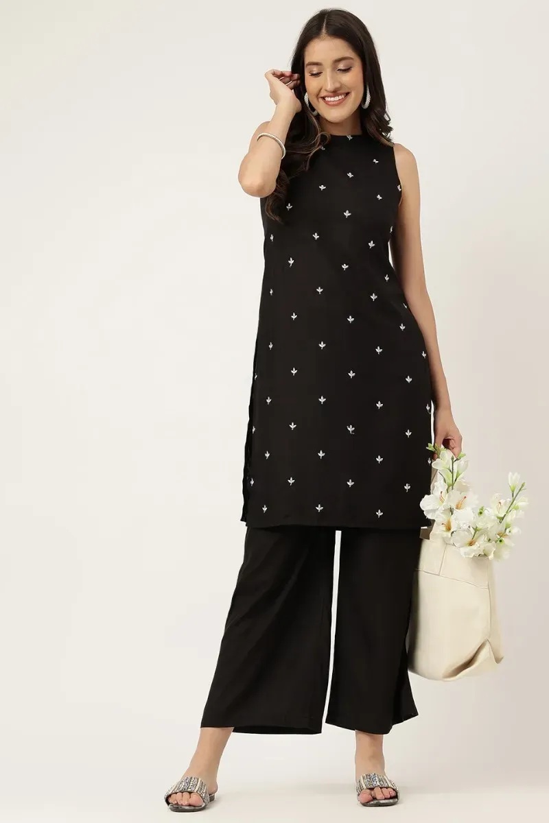 Black Rayon Embroidered Work Straight Kurta Palazzos Set