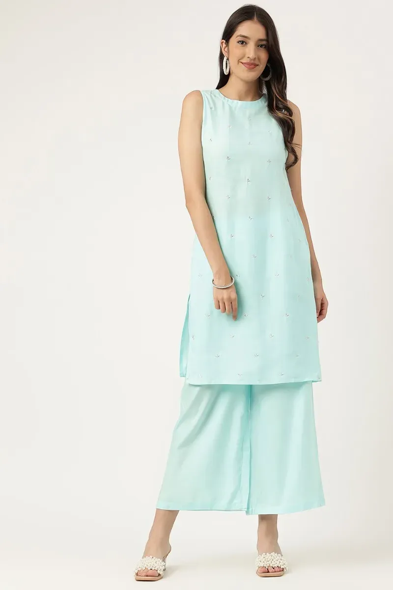 Blue Rayon Embroidered Work Straight Kurta Palazzos Set
