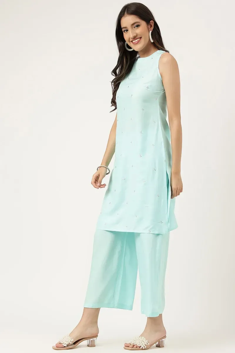 Blue Rayon Embroidered Work Straight Kurta Palazzos Set