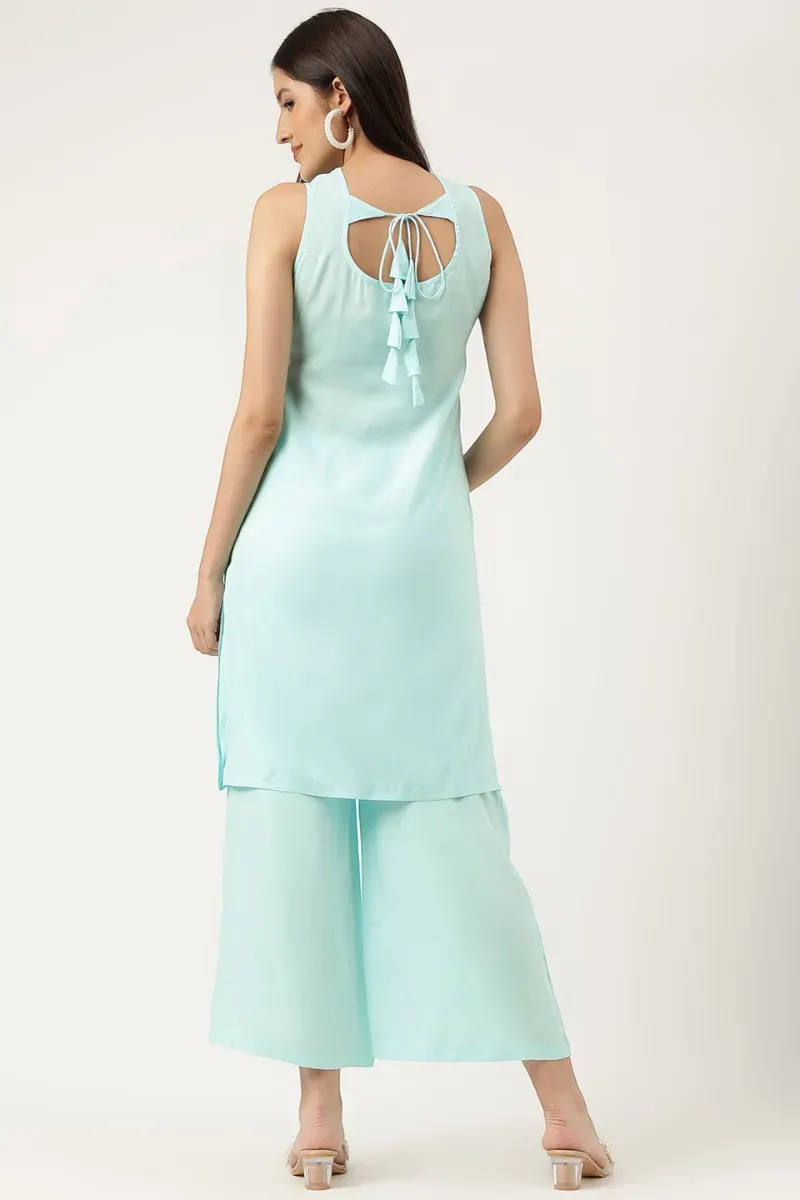 Blue Rayon Embroidered Work Straight Kurta Palazzos Set