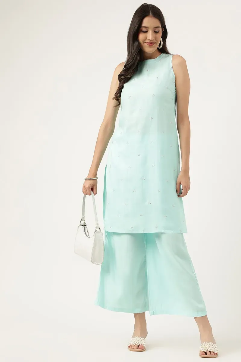 Blue Rayon Embroidered Work Straight Kurta Palazzos Set