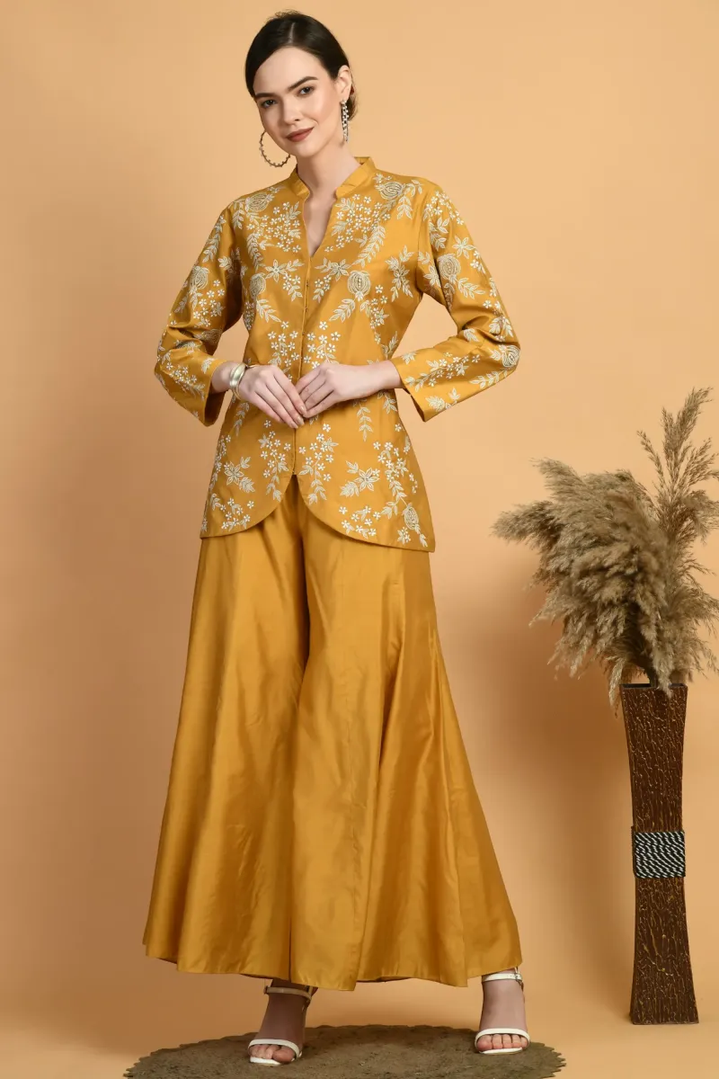 Mustard Embroidered Chanderi Kurta Set