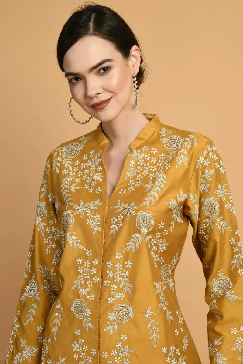 Mustard Embroidered Chanderi Kurta Set