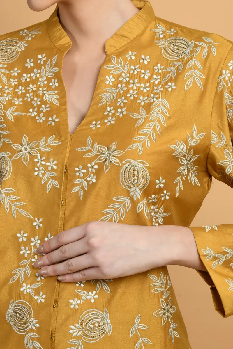 Mustard Embroidered Chanderi Kurta Set