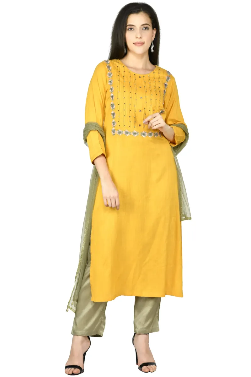 Mustard Cotton-Rayon Embroidered Kurta Set