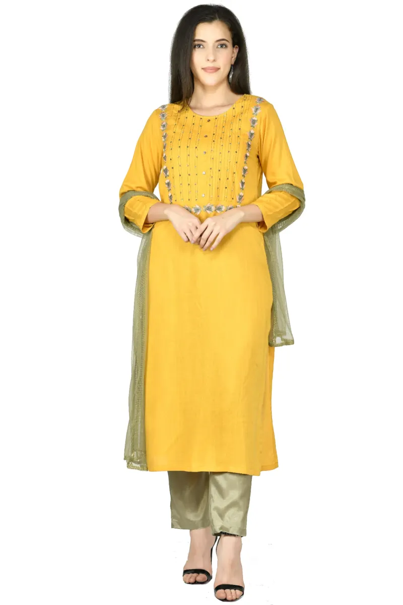 Mustard Cotton-Rayon Embroidered Kurta Set