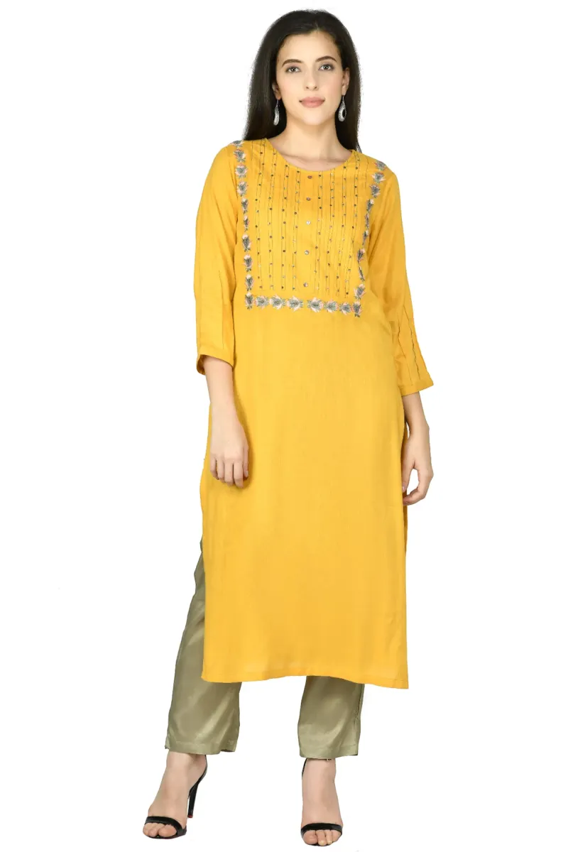 Mustard Cotton-Rayon Embroidered Kurta Set