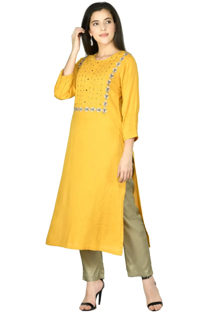 Mustard Cotton-Rayon Embroidered Kurta Set
