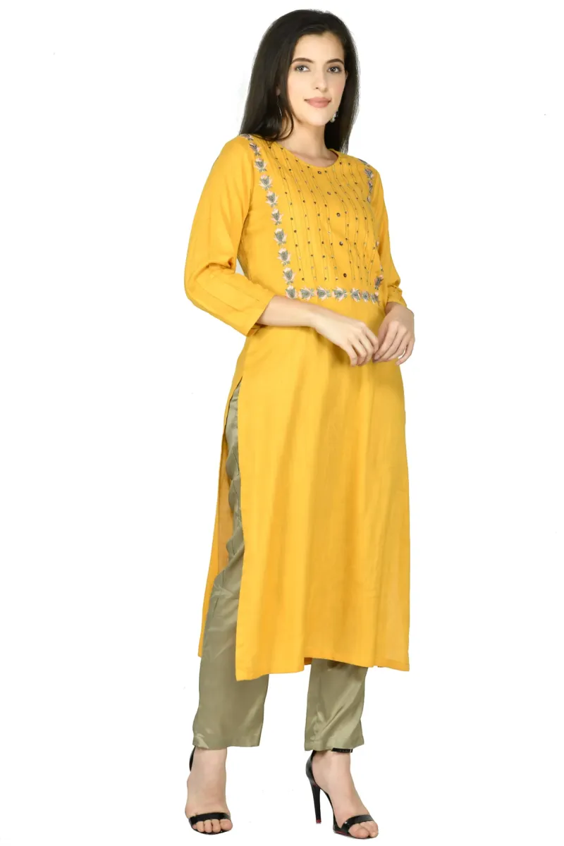 Mustard Cotton-Rayon Embroidered Kurta Set