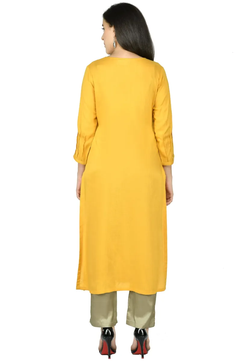 Mustard Cotton-Rayon Embroidered Kurta Set