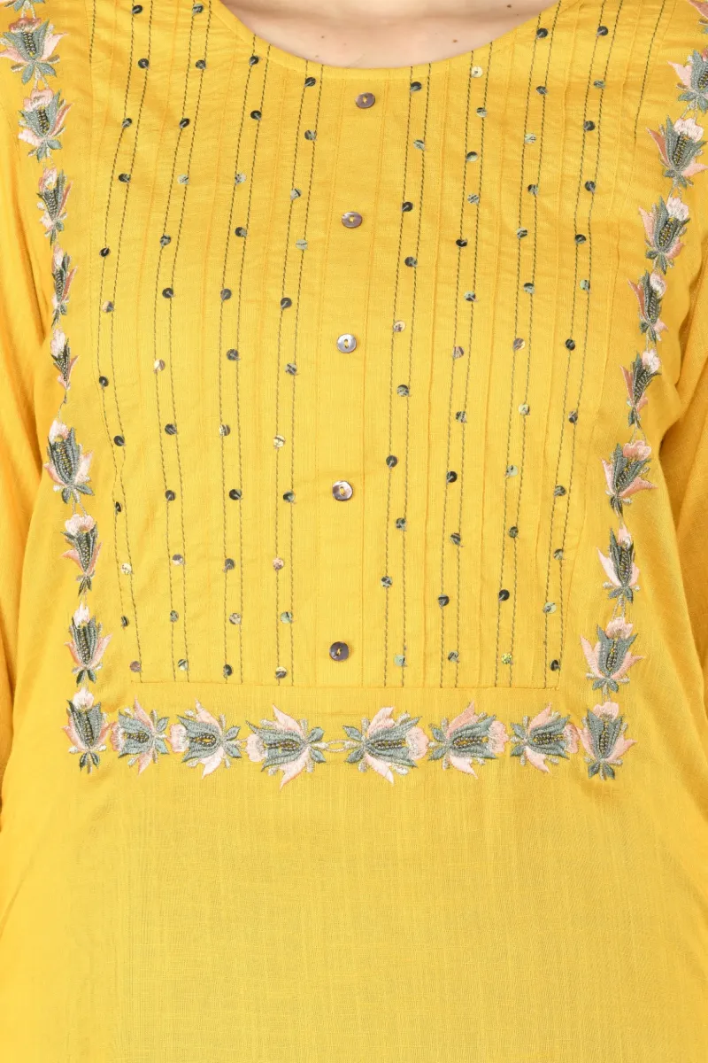 Mustard Cotton-Rayon Embroidered Kurta Set