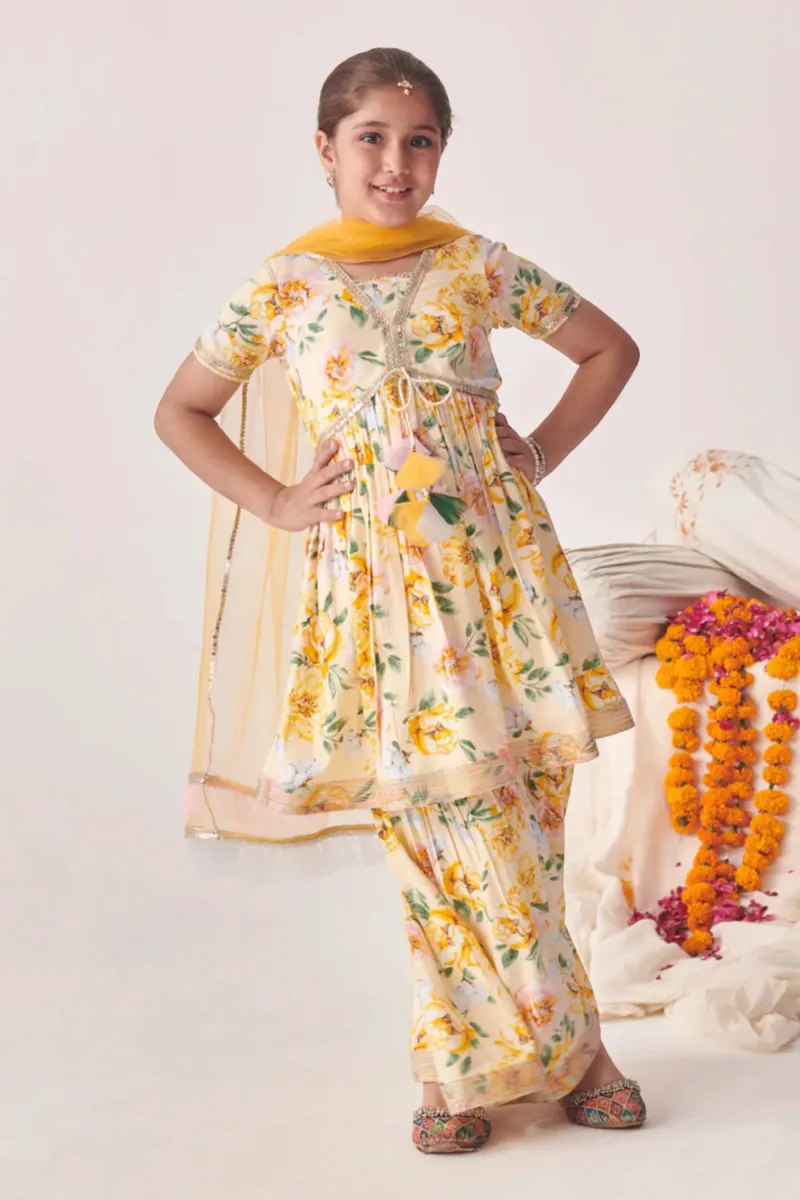 White Cotton Blend Floral Print Kurta Set