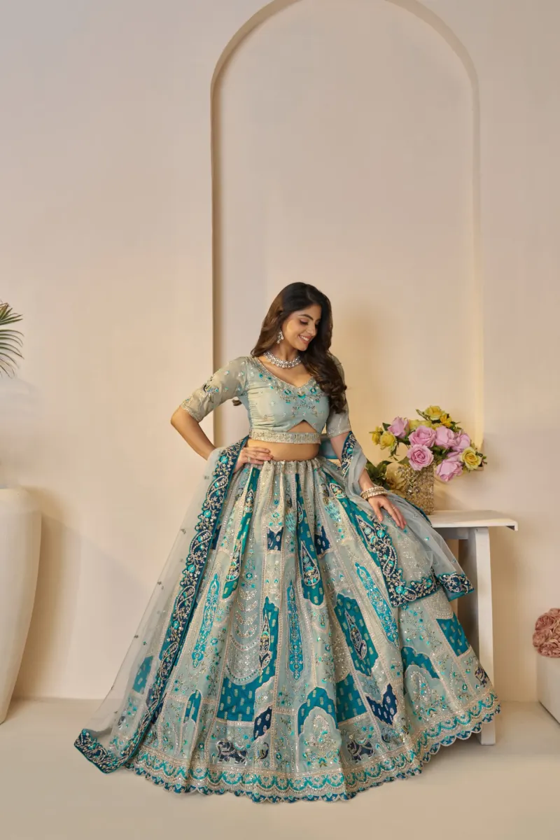 Sky Blue Banarsi Silk Embellished Lehenga Choli Set