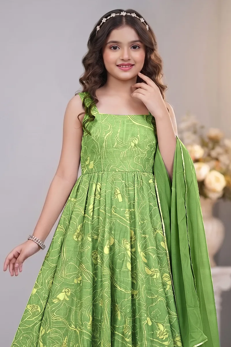 Girls Printed Muslin Sea Green Anarkali Dress