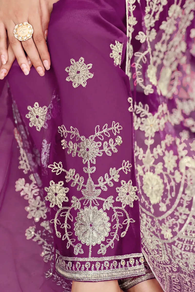 Designer Embroidered Purple Net Readymade Anarkali Dress