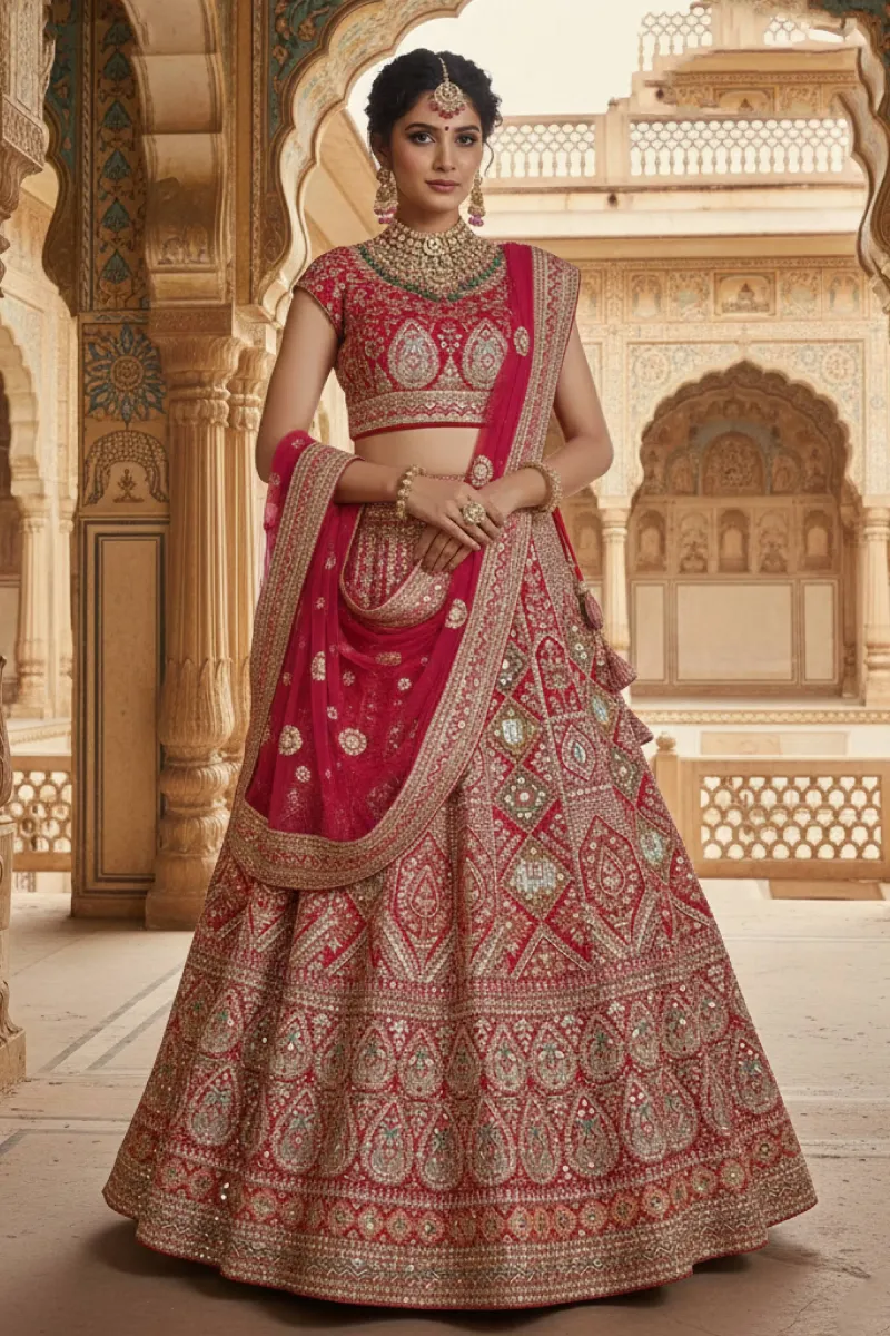 Velvet Fabric Maroon Embroidered Bridal Lehenga Choli