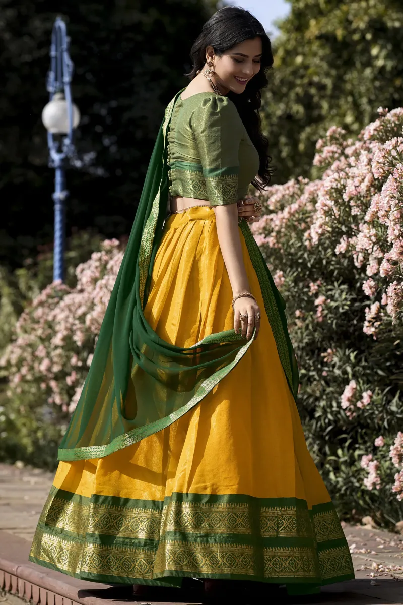 Yellow Color Alluring Kanchipuram With Zari Weaving Lehenga Choli In Art Silk Fabric