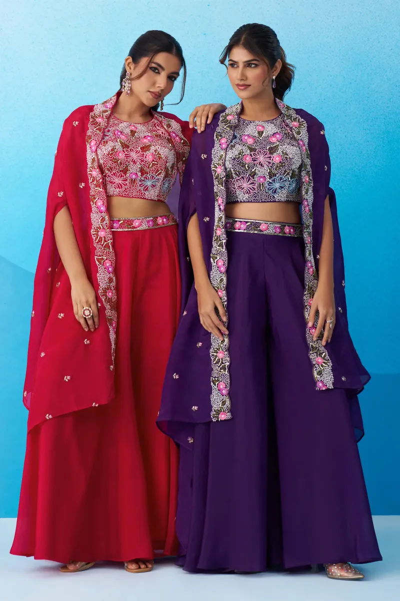 Festive Wear Purple Crepe Indo Western Crop Top Palazzo Set With Embroidered Cape