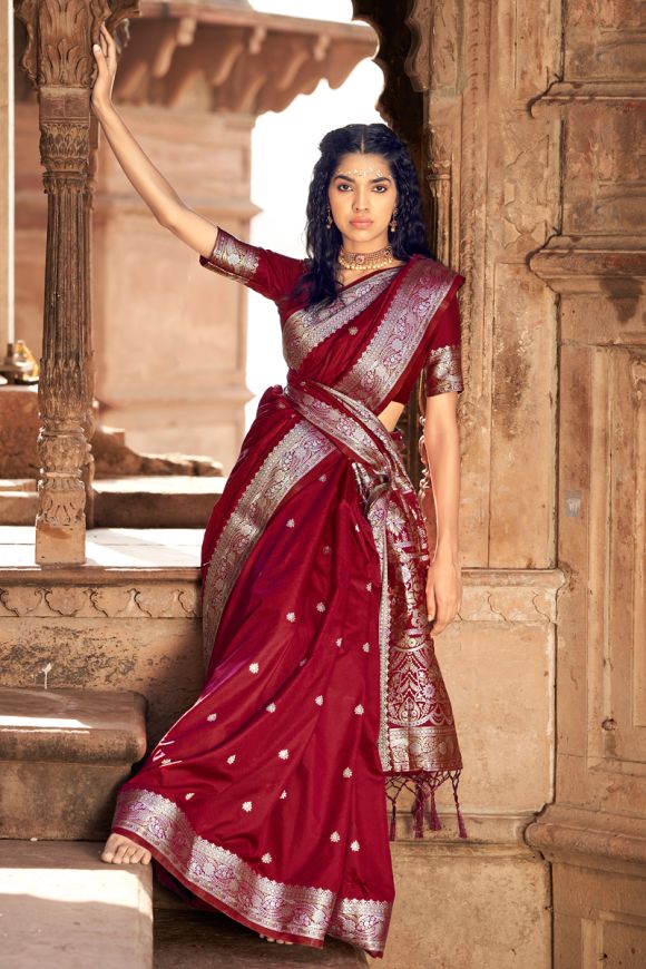 Latest Maroon Silk Saree With Designer Blouse  Bahuji  Premium Silk Sarees  Online Shopping Store