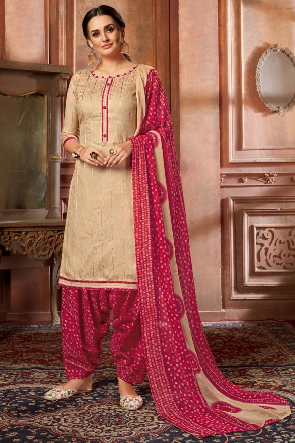 Casual Wear Cream Color Fancy Printed Patiala Dress In Jacquard Fabric