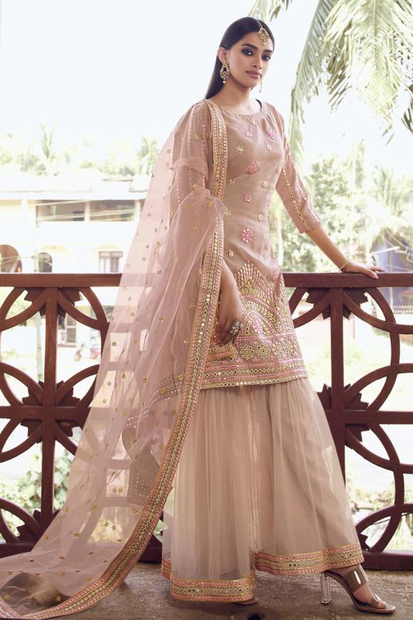 Peach Color Festive Wear Organza Fabric Chic Embroidered Sharara Suit