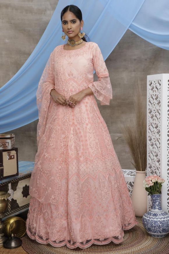 Buy Eid Special Net Fabric Dark Beige Fancy Embroidered Anarkali Dress  Online - SALA2508 | Appelle Fashion