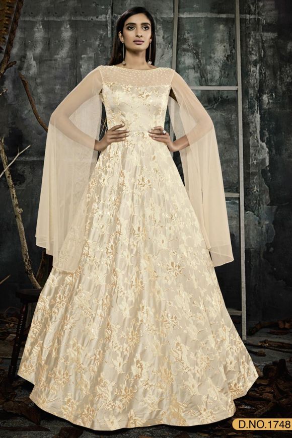 Designer Cream Color Jacquard Gown With Floral Print Designs