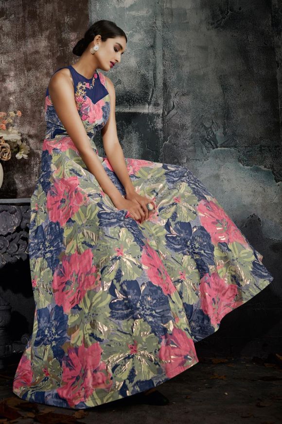 Buy Multi Colour Maslin Cotton Digital Printed Designer Gown | Gowns