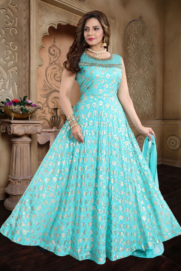 Buy Sky Blue Georgette Embroidered Party Wear Gown With Dupatta Online