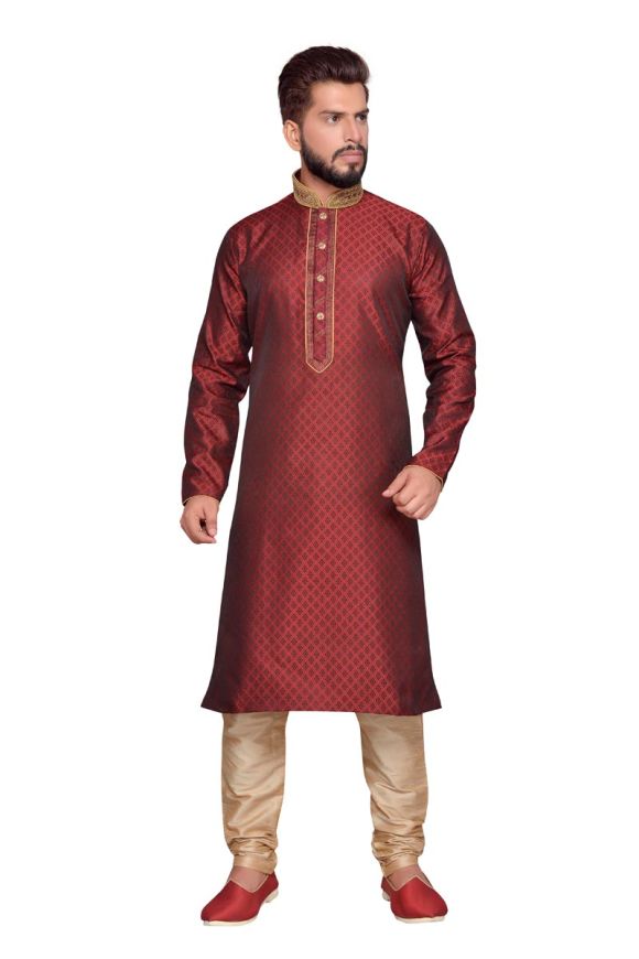 Maroon Brocade Occasion wear Kurta Indian Bollywood Mens Suit 