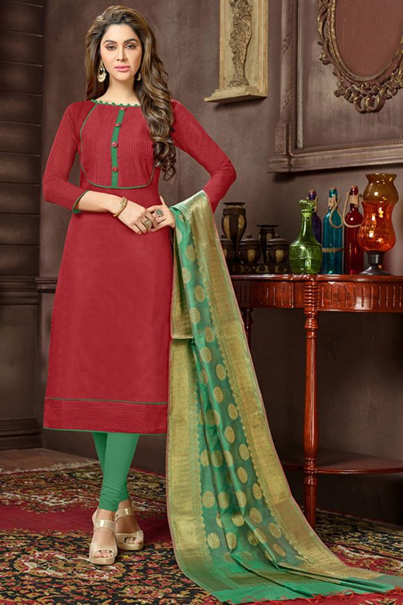 Straight Cut Churidar Salwar Suit In Maroon Art Silk With Fancy Dupatta