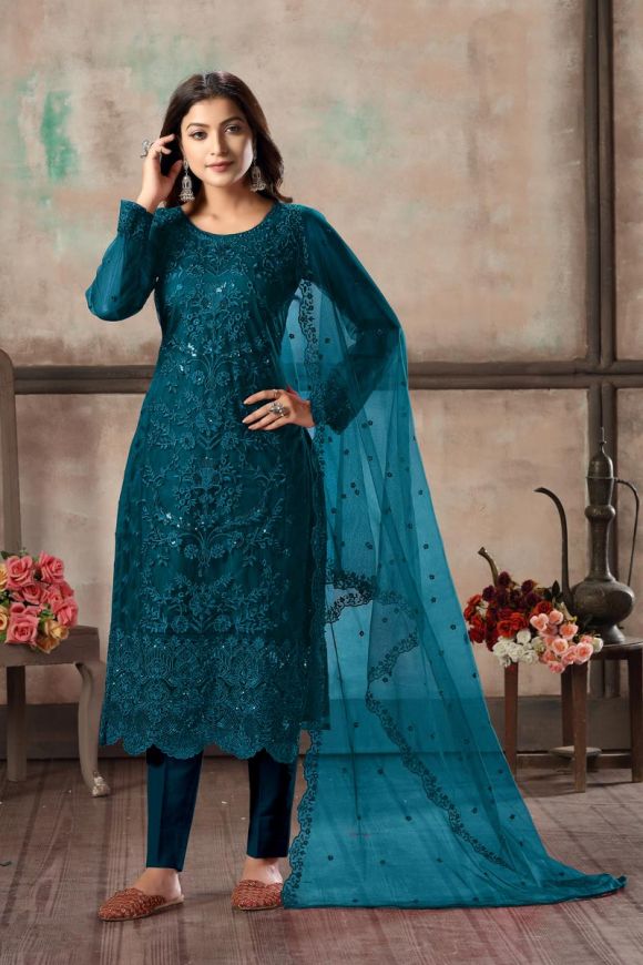 Semi Stitched Net Fabric Embroidery Designer Gown With Dupatta