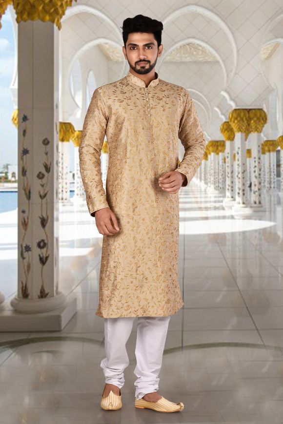 White,Golden Colour Imported Fabric Mens Kurta Pajama Jacket.