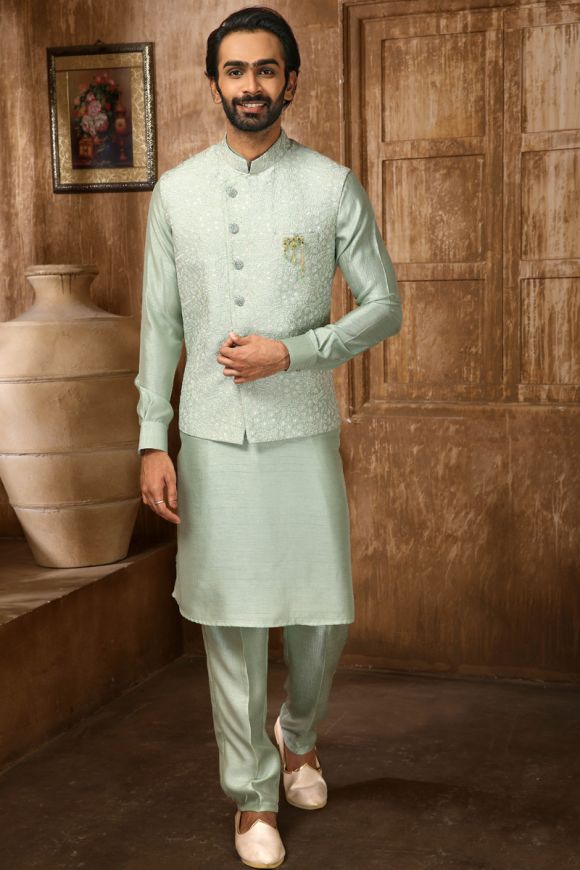 Light Green Color Men's Kurta Pajama Set With Attached Jacket and  Embroidery Work in USA, UK, Malaysia, South Africa, Dubai, Singapore