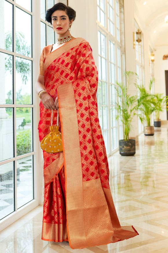wedding look ruby red color soft silk saree with matching blouse